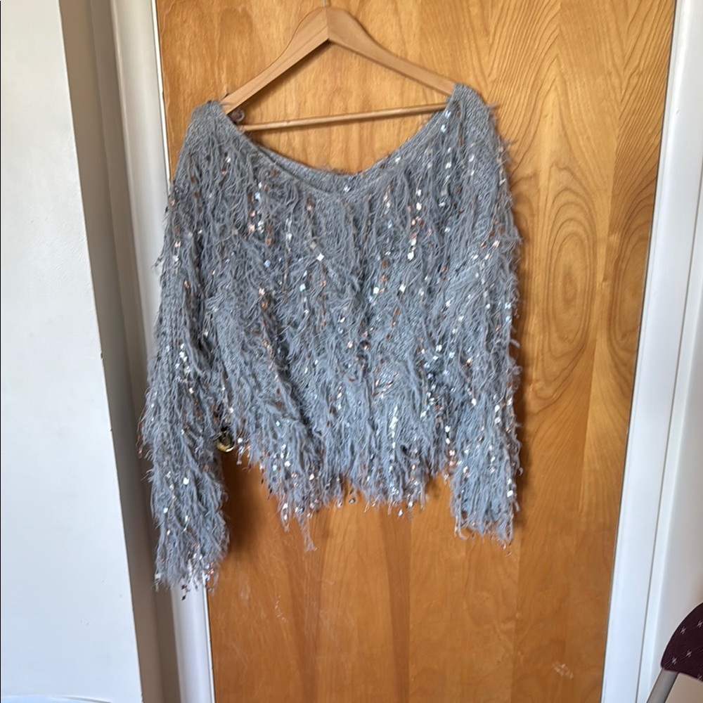 Gray Fringe Sweater with Sequin fabric